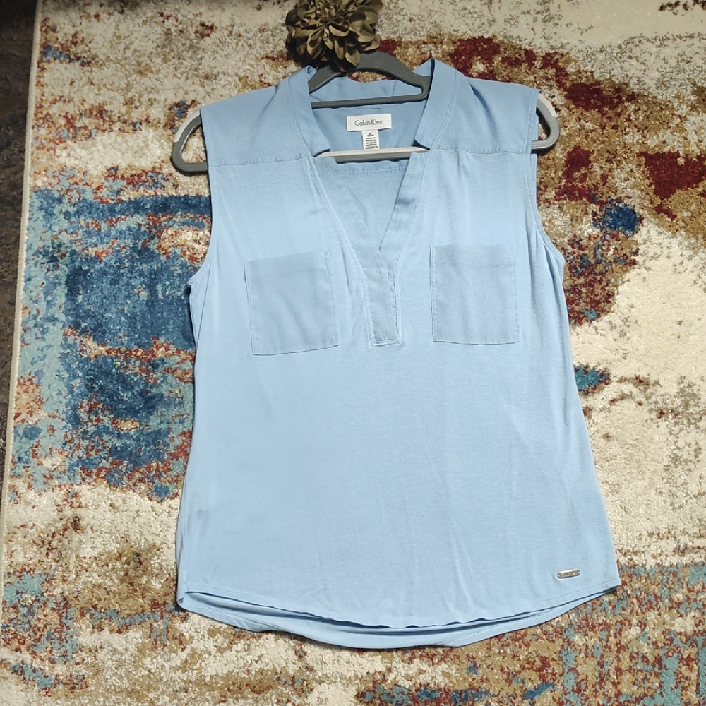 Calvin Klein Blue Mandarin Collar Blouse Side S